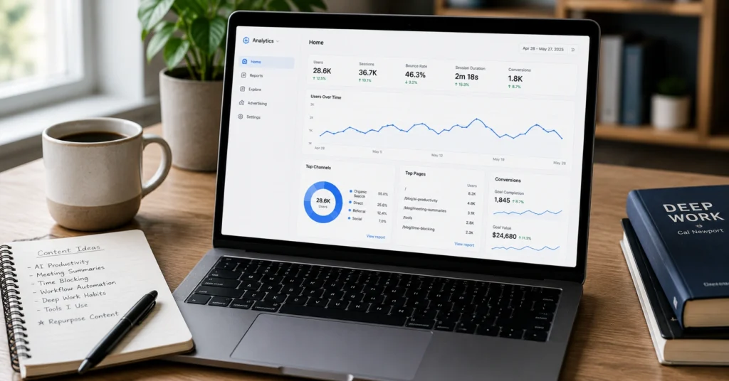 Laptop displaying blog traffic analytics next to notebook with topic ideas