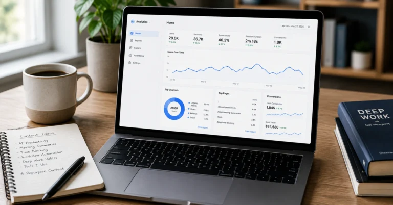 Laptop displaying blog traffic analytics next to notebook with topic ideas