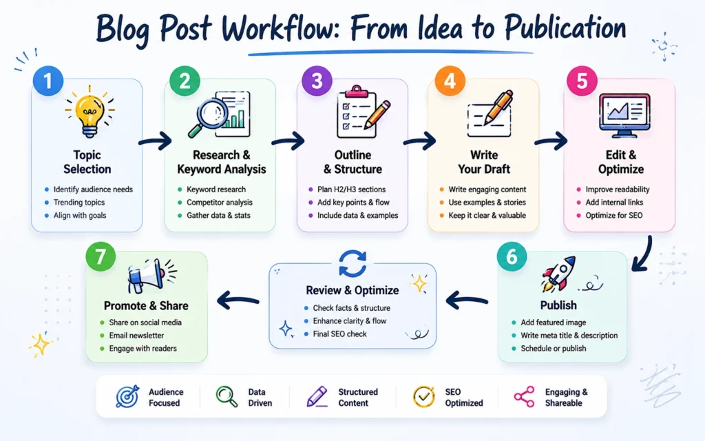 Step-by-step blogging workflow from idea to publication