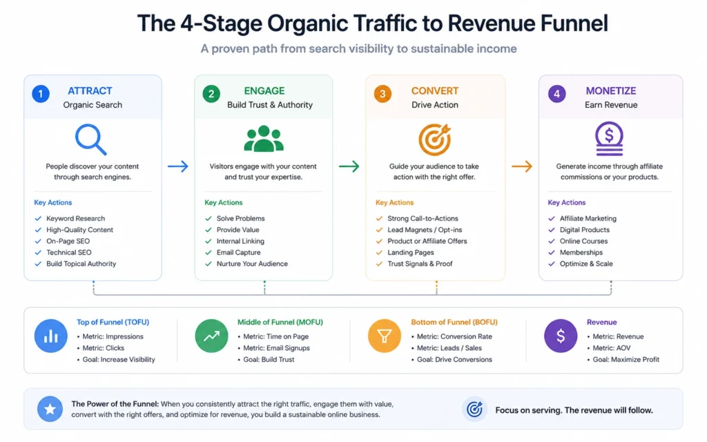 Flowchart demonstrating the path of a reader moving from an organic blog post to a monetization offer