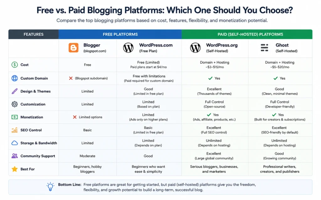 Comparison chart of free and paid blogging platforms with key features