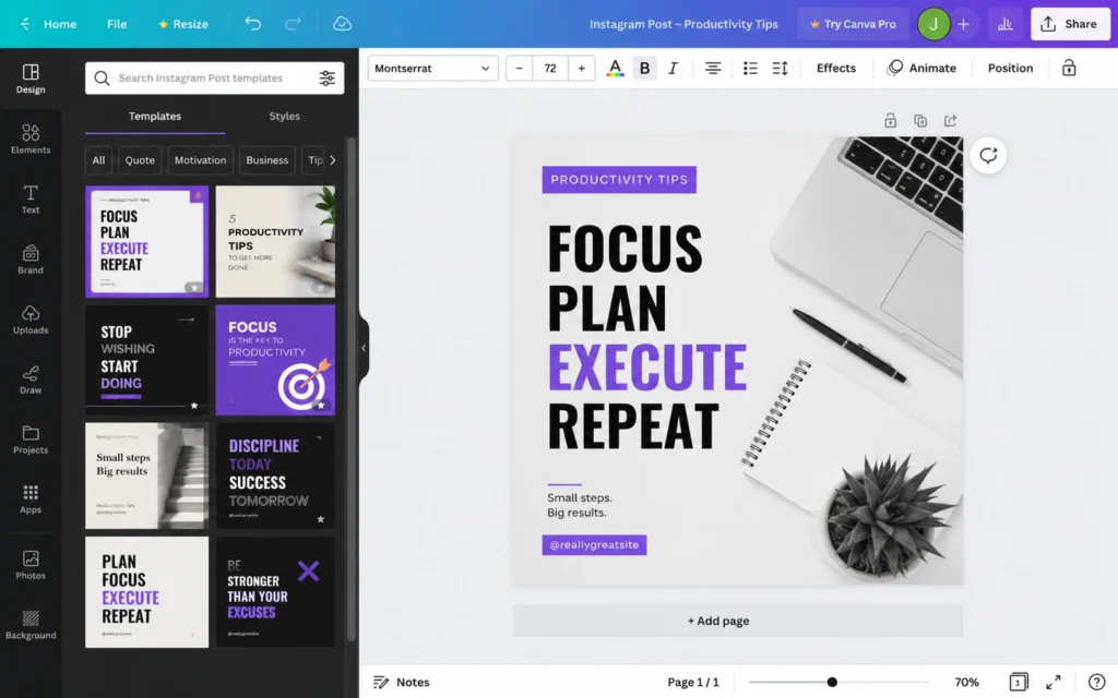 “Canva editor showing template, text, and elements panels