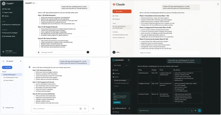 ChatGPT vs Claude vs Gemini vs Perplexity comparison showing same prompt tested across all four AI tools
