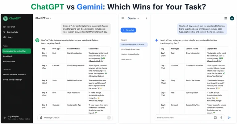 Side-by-side comparison of ChatGPT and Gemini interfaces showing the same prompt