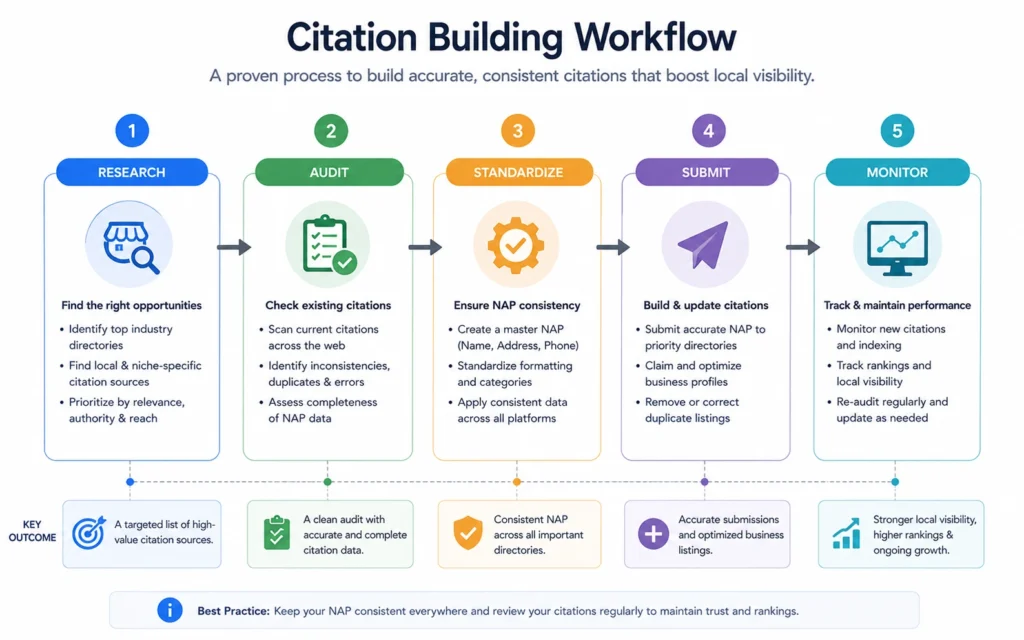 Local SEO citation building workflow diagram from research to monitoring