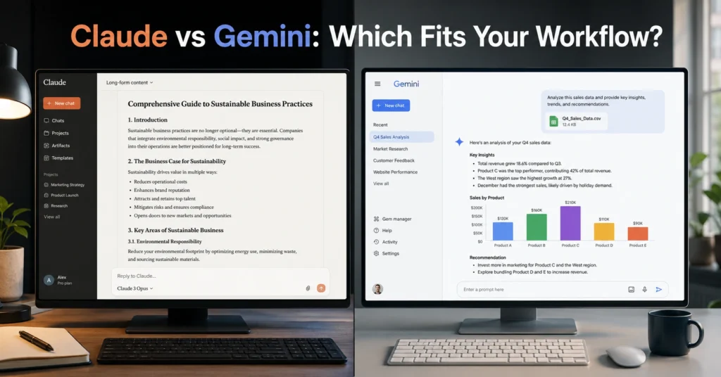 Split screen comparison of Claude and Gemini AI interfaces in a work setting