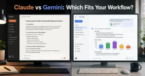 Split screen comparison of Claude and Gemini AI interfaces in a work setting