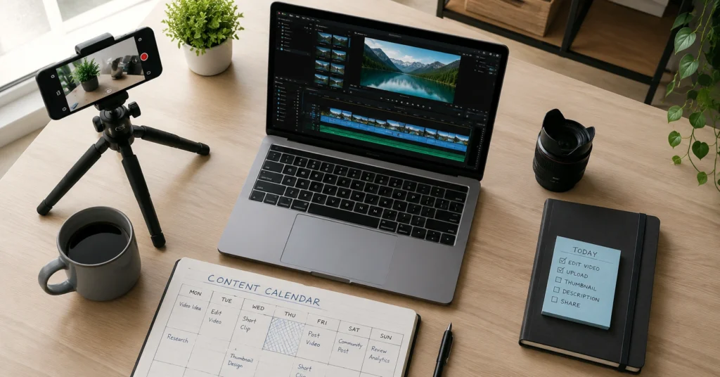 Content creator workspace with laptop showing video editing software, smartphone on tripod, and content planning notebook