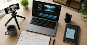 Content creator workspace with laptop showing video editing software, smartphone on tripod, and content planning notebook