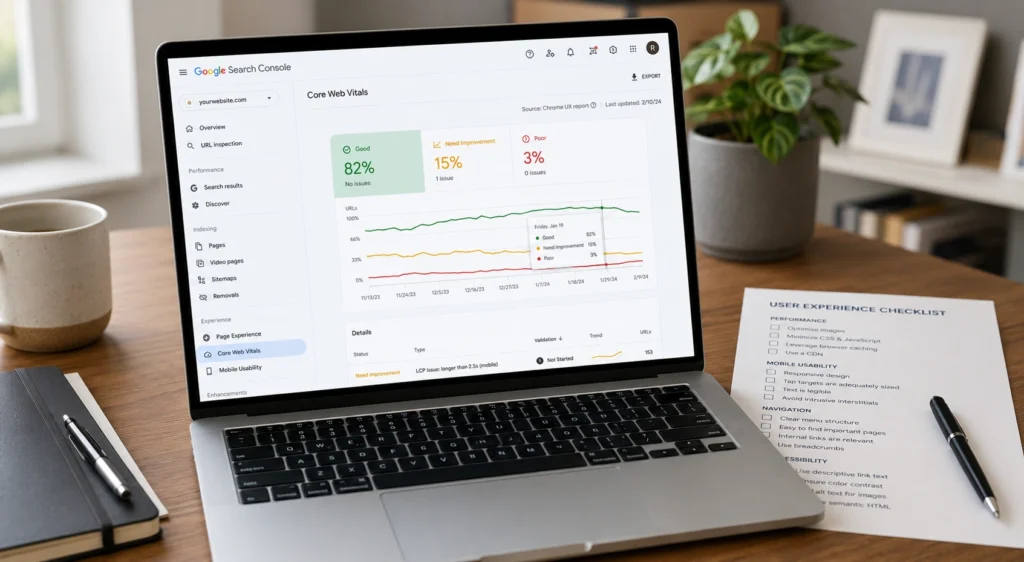 A clean office desk setting with an open laptop showing a Core Web Vitals dashboard interface inside Google Search Console