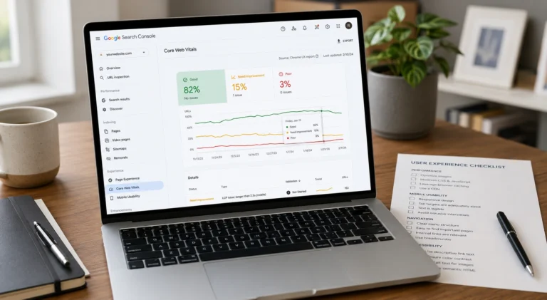A clean office desk setting with an open laptop showing a Core Web Vitals dashboard interface inside Google Search Console