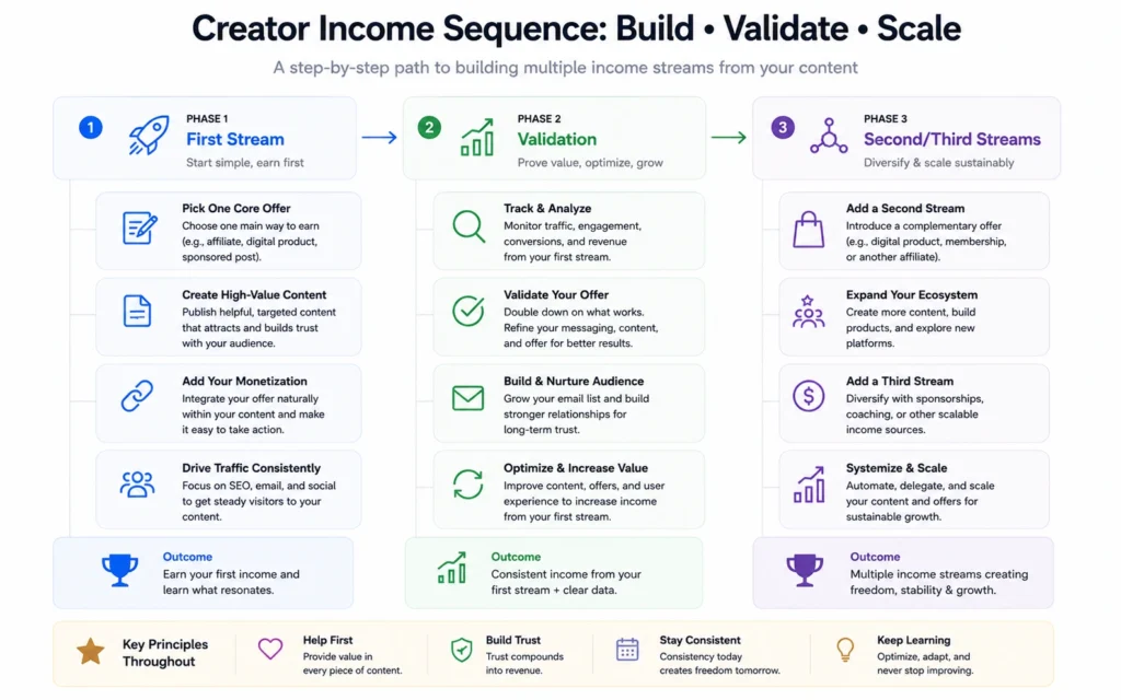 Creator Income Sequence framework showing the order to build income streams for sustainable monetisation