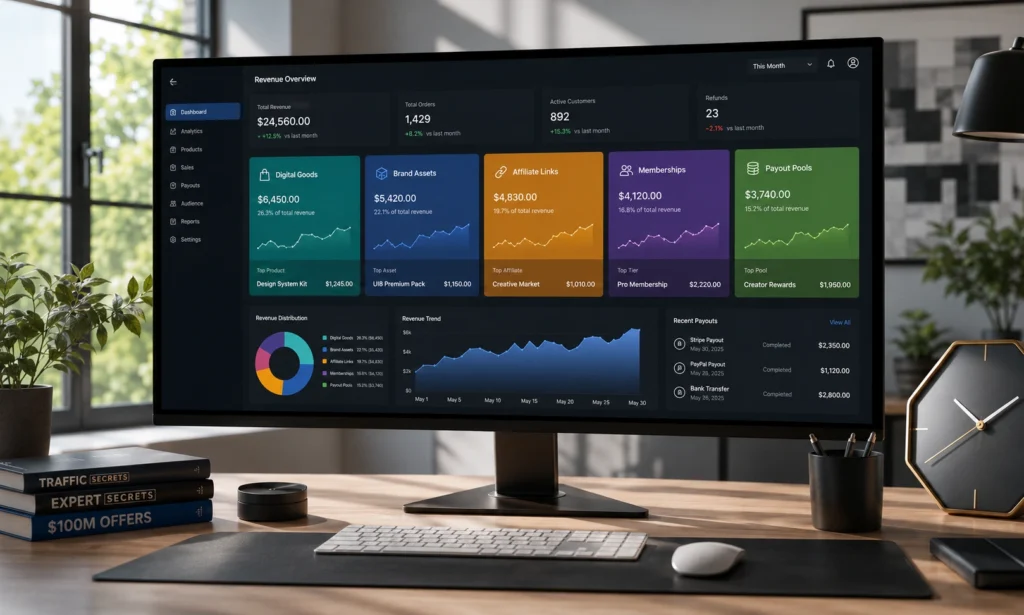 An analytics monitor tracking a diversified collection of creator revenue categories on a professional desk