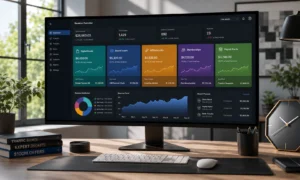 An analytics monitor tracking a diversified collection of creator revenue categories on a professional desk