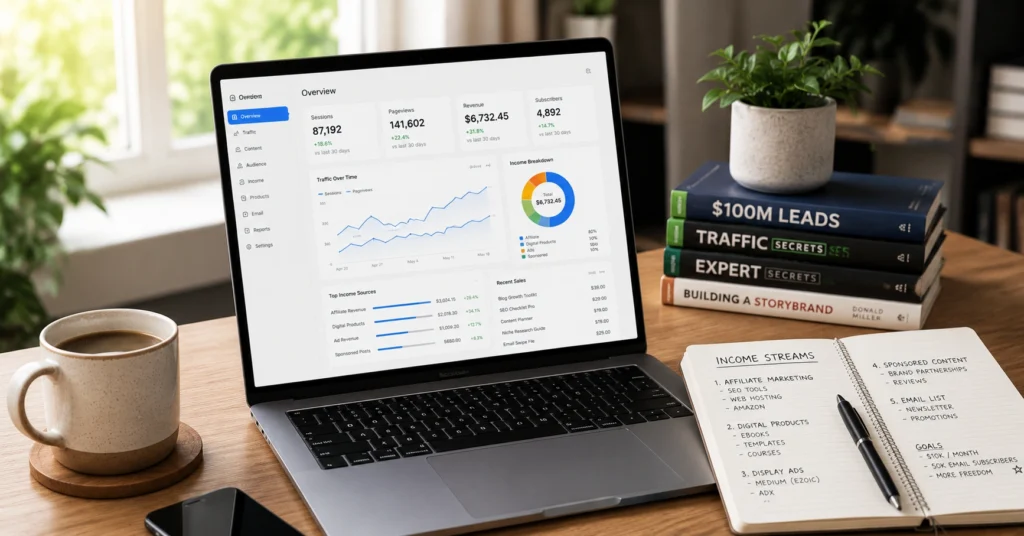 Content creator workspace showing analytics dashboard and income tracking system for monetisation planning