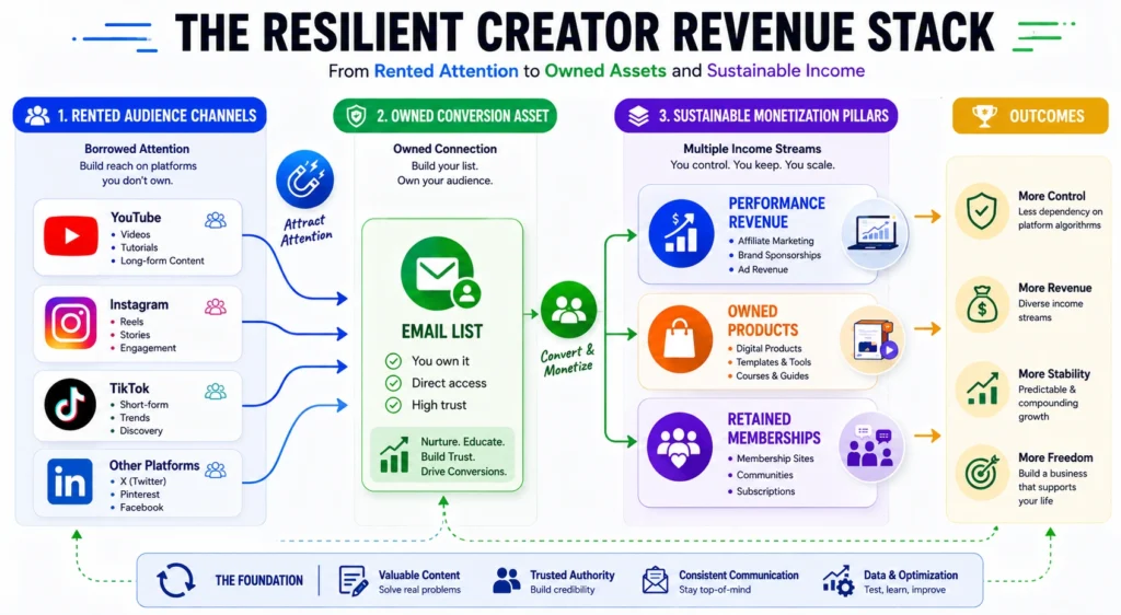A structural flow schematic breaking down an audience ecosystem from social media reach to owned product funnels