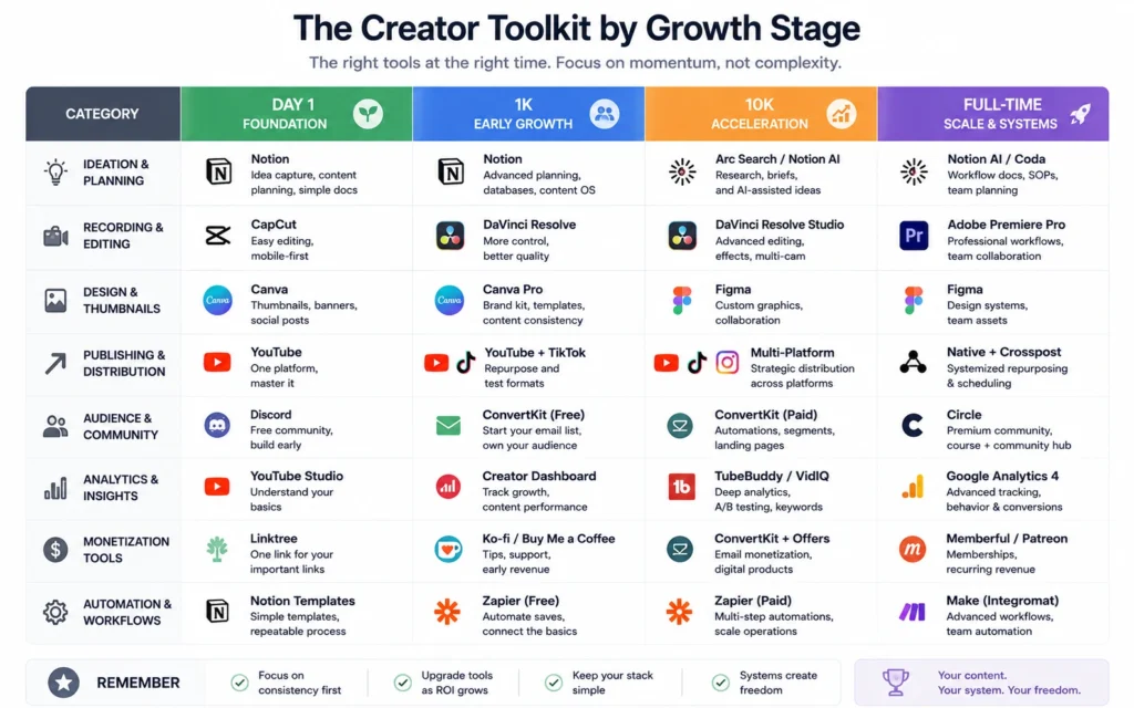 Content creator tools comparison chart organized by audience size and growth stage