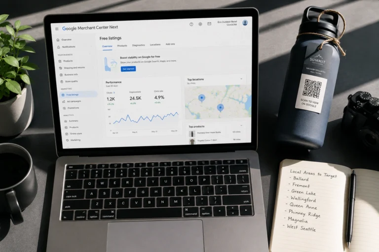 Overhead view of a workspace displaying local business management software and strategic operational maps on a laptop screen.