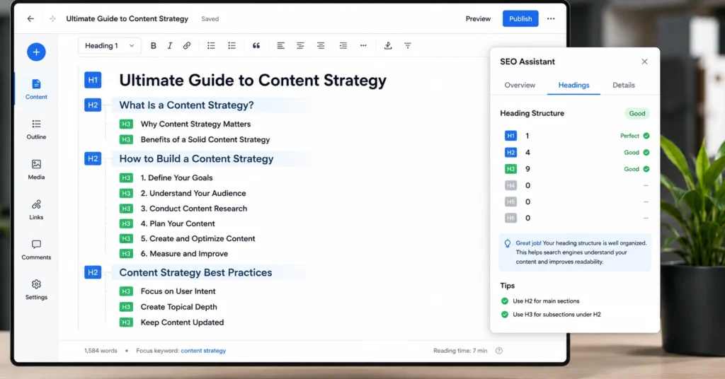 Editor viewing a correct heading hierarchy (H1, H2, H3) in a content management system with SEO structure highlights