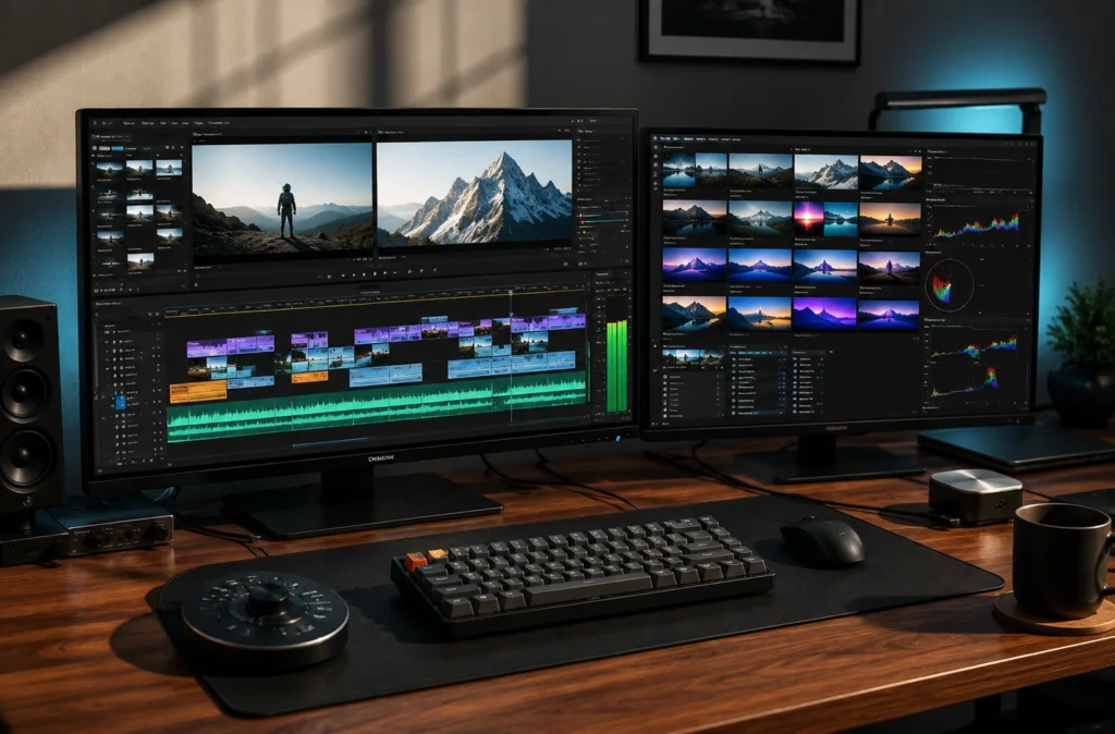 Professional dual-monitor video production setup displaying an active video editing software timeline with multi-track color blocks