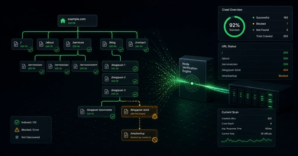 A technical diagram tracing how search engine crawlers navigate site architecture links and filter access permissions