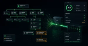 A technical diagram tracing how search engine crawlers navigate site architecture links and filter access permissions