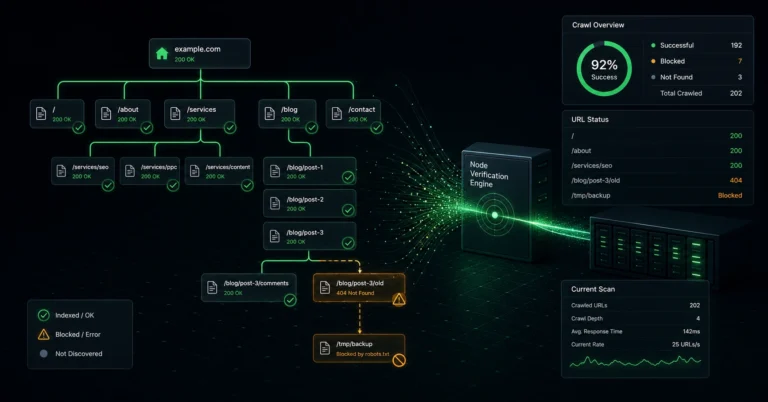 A technical diagram tracing how search engine crawlers navigate site architecture links and filter access permissions
