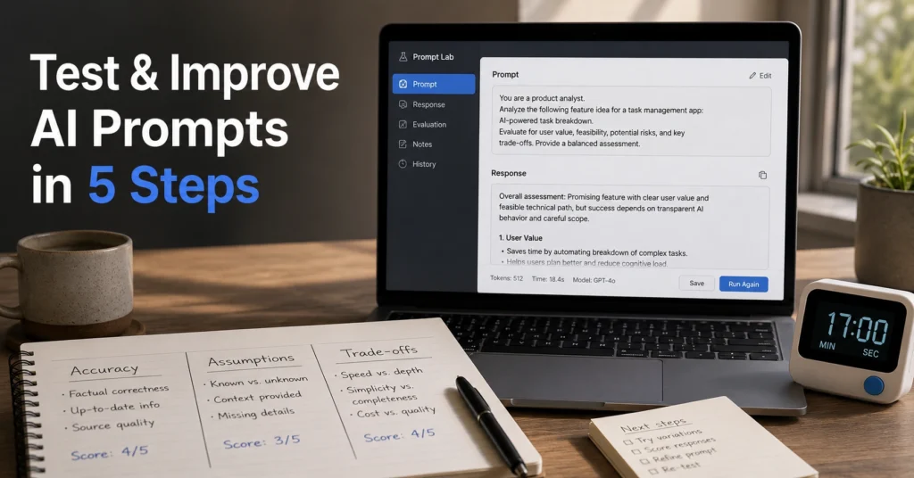 “Desk with laptop showing prompt edit and a rubric for testing AI prompts