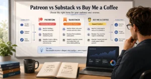 Creator comparing Patreon, Substack, and Buy Me a Coffee monetisation platforms