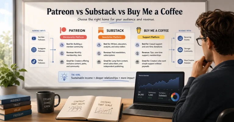 Creator comparing Patreon, Substack, and Buy Me a Coffee monetisation platforms