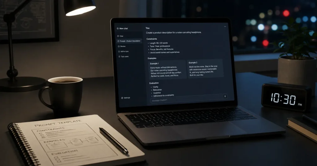 Practicing prompt engineering on a laptop at night with a structured prompt visible