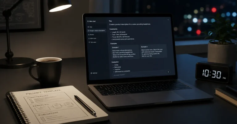 Practicing prompt engineering on a laptop at night with a structured prompt visible