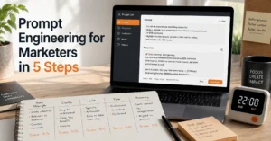“Marketer’s desk with laptop showing prompt edit and a rubric for testing marketing prompts