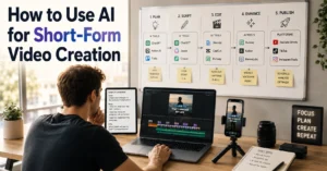 Creator using AI tools to plan, edit, and publish short-form videos
