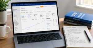Link building workflow on desk with outreach templates and analytics