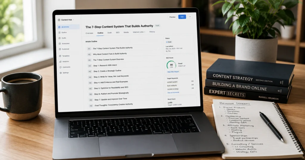 A workspace showing a modern blogging dashboard focused on content monetization and digital business building