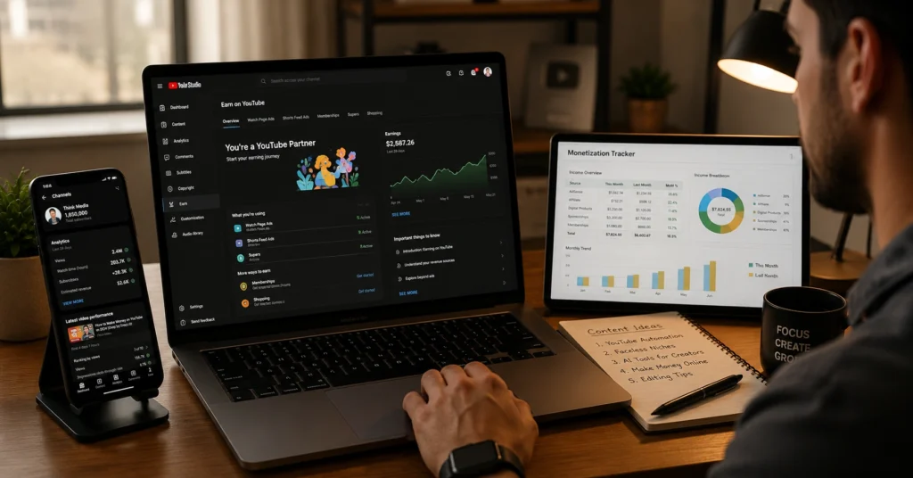 “YouTube monetization dashboard showing revenue streams for creators