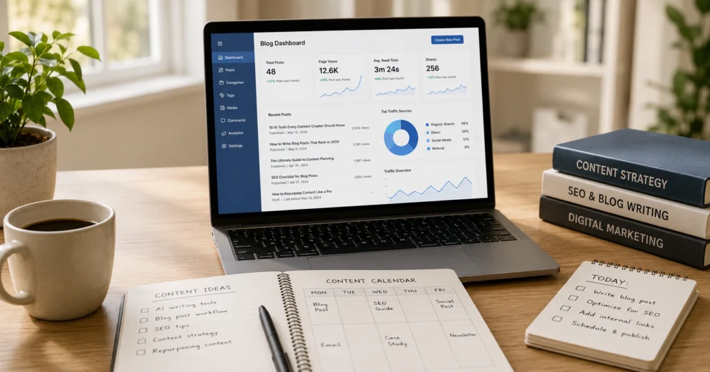 Laptop displaying blog dashboard with content calendar and notebook on clean desk
