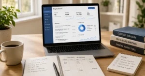 Laptop displaying blog dashboard with content calendar and notebook on clean desk