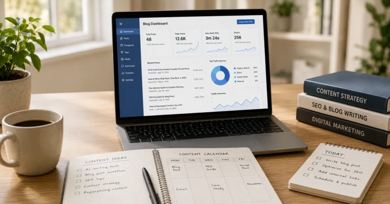 Laptop displaying blog dashboard with content calendar and notebook on clean desk
