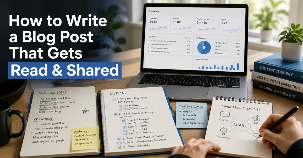 Creator planning a blog post using research, outlines, and analytics.