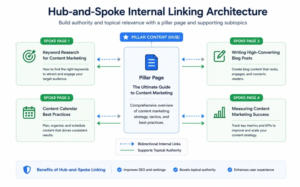 Diagram explaining the hub-and-spoke content cluster model for organizing blog topics