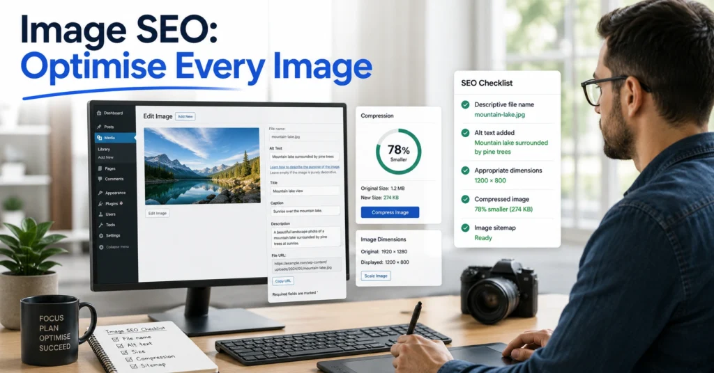Content editor optimizing image filenames, alt text, and compression settings before publishing