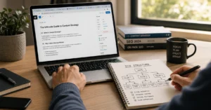 Content creator mapping internal linking strategy with site diagram and multiple browser tabs showing related articles