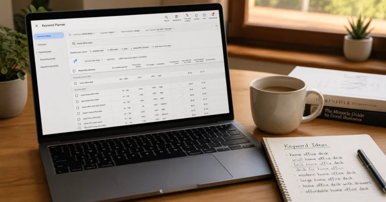 Beginner doing keyword research on laptop with Google Keyword Planner open, notebook with keyword ideas on desk