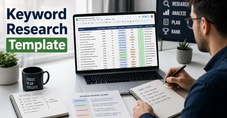 Keyword research spreadsheet showing search intent, keyword clusters, and prioritization scores