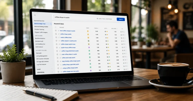 Person conducting local keyword research on laptop showing location-based search terms