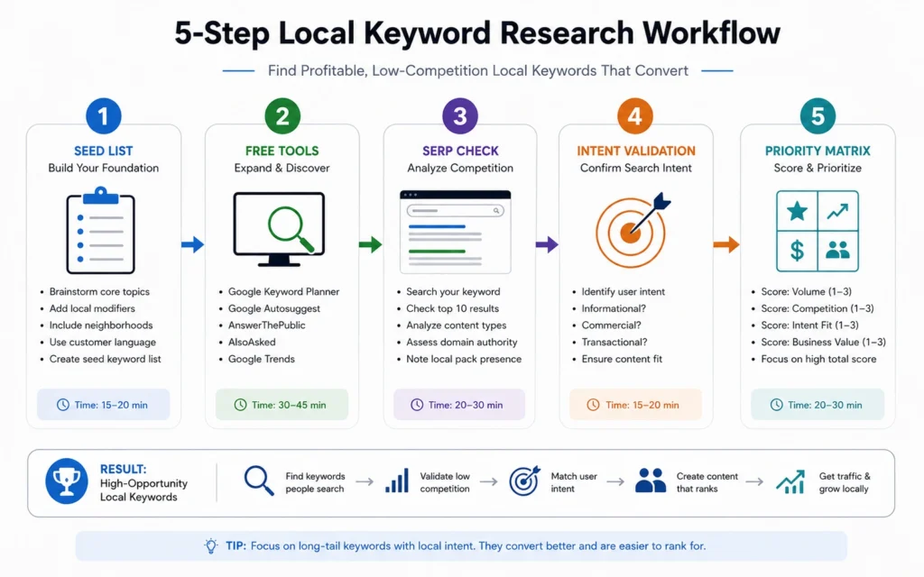 Five-step local keyword research workflow diagram