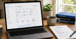 Workspace showing local SEO citation audit with NAP consistency checklist on notepad