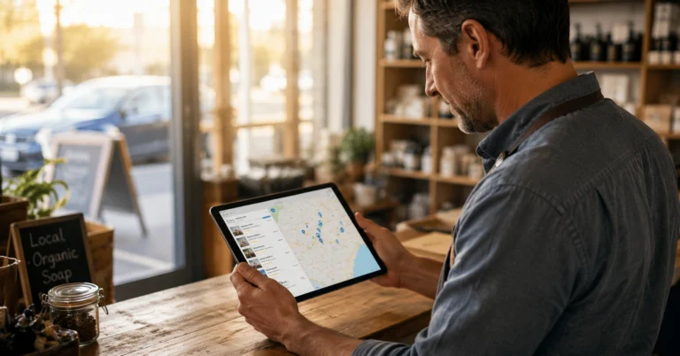 Small business owner reviewing local search map data on a tablet behind their counter